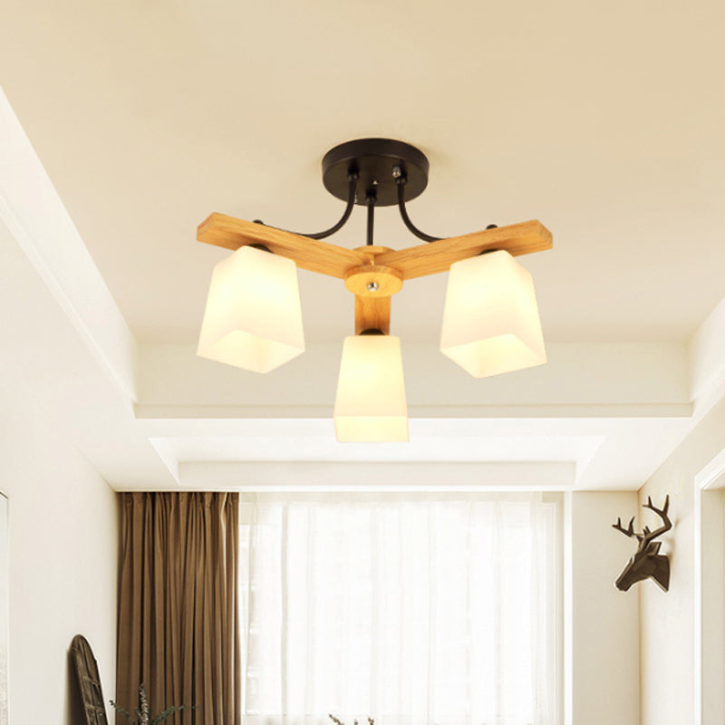 3/6/8 Lights Living Room Semi Flush Nordic Black and Wood Flush Mount Ceiling Chandelier with Square Milk Glass Shade Clearhalo 'Ceiling Lights' 'Close To Ceiling Lights' 'Close to ceiling' 'Semi-flushmount' Lighting' 1938282