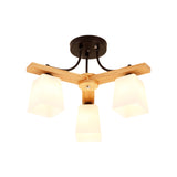 3/6/8 Lights Living Room Semi Flush Nordic Black and Wood Flush Mount Ceiling Chandelier with Square Milk Glass Shade Clearhalo 'Ceiling Lights' 'Close To Ceiling Lights' 'Close to ceiling' 'Semi-flushmount' Lighting' 1938283