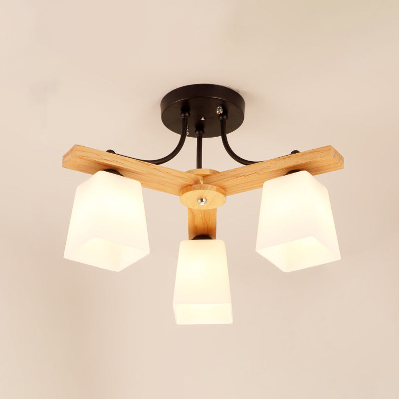 3/6/8 Lights Living Room Semi Flush Nordic Black and Wood Flush Mount Ceiling Chandelier with Square Milk Glass Shade Clearhalo 'Ceiling Lights' 'Close To Ceiling Lights' 'Close to ceiling' 'Semi-flushmount' Lighting' 1938284