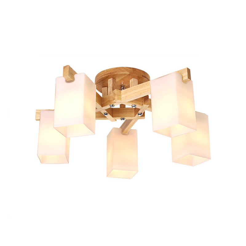 Cuboid Cream Glass Close to Ceiling Lamp Nordic 3/5/8 Bulbs Beige Semi Flush Mount Light for Living Room Clearhalo 'Ceiling Lights' 'Close To Ceiling Lights' 'Close to ceiling' 'Semi-flushmount' Lighting' 1938291