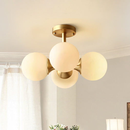 Ball Kitchen Ceiling Mount Light Opaline Glass 4 Bulbs Postmodern Semi Flush Light Fixture in Gold Clearhalo 'Ceiling Lights' 'Close To Ceiling Lights' 'Close to ceiling' 'Semi-flushmount' Lighting' 1938333