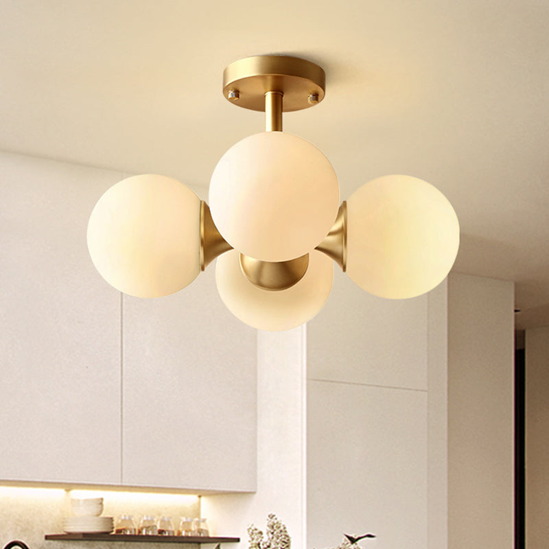 Ball Kitchen Ceiling Mount Light Opaline Glass 4 Bulbs Postmodern Semi Flush Light Fixture in Gold Clearhalo 'Ceiling Lights' 'Close To Ceiling Lights' 'Close to ceiling' 'Semi-flushmount' Lighting' 1938334