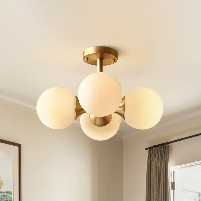 Ball Kitchen Ceiling Mount Light Opaline Glass 4 Bulbs Postmodern Semi Flush Light Fixture in Gold Clearhalo 'Ceiling Lights' 'Close To Ceiling Lights' 'Close to ceiling' 'Semi-flushmount' Lighting' 1938335