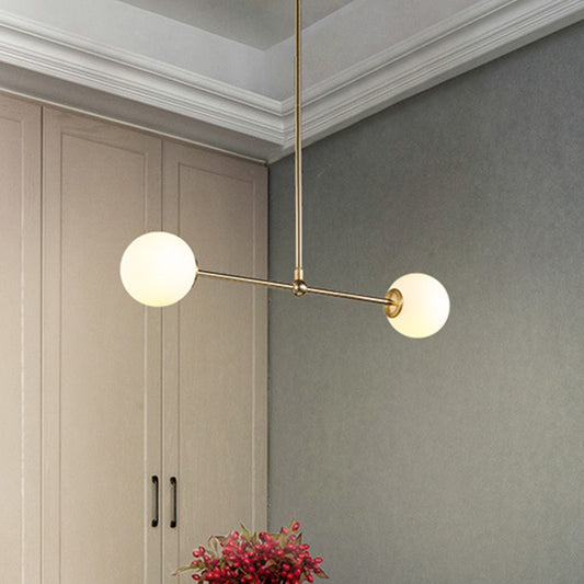 Minimalist Bar Shaped Pendant Light Metallic 2 Lights Postmodern Chandelier in Gold with Orb White Glass Shade Clearhalo 'Ceiling Lights' 'Chandeliers' 'Modern Chandeliers' 'Modern' Lighting' 1938368