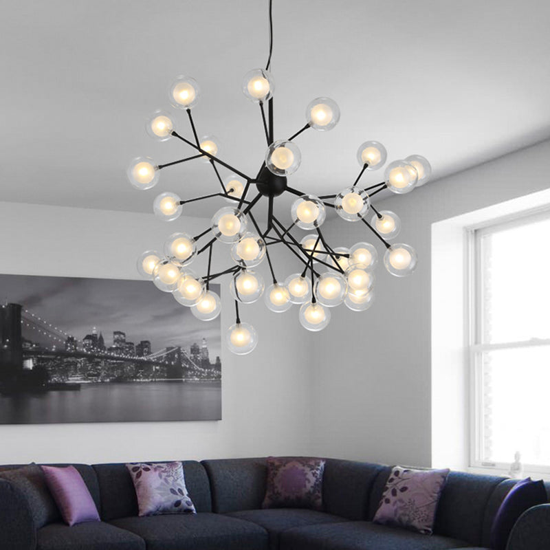 Clear and Frosted Glass Firefly Chandelier Modernist 36-Light Black Hanging Pendant Light for Parlor Clearhalo 'Ceiling Lights' 'Chandeliers' 'Modern Chandeliers' 'Modern' Lighting' 1938380