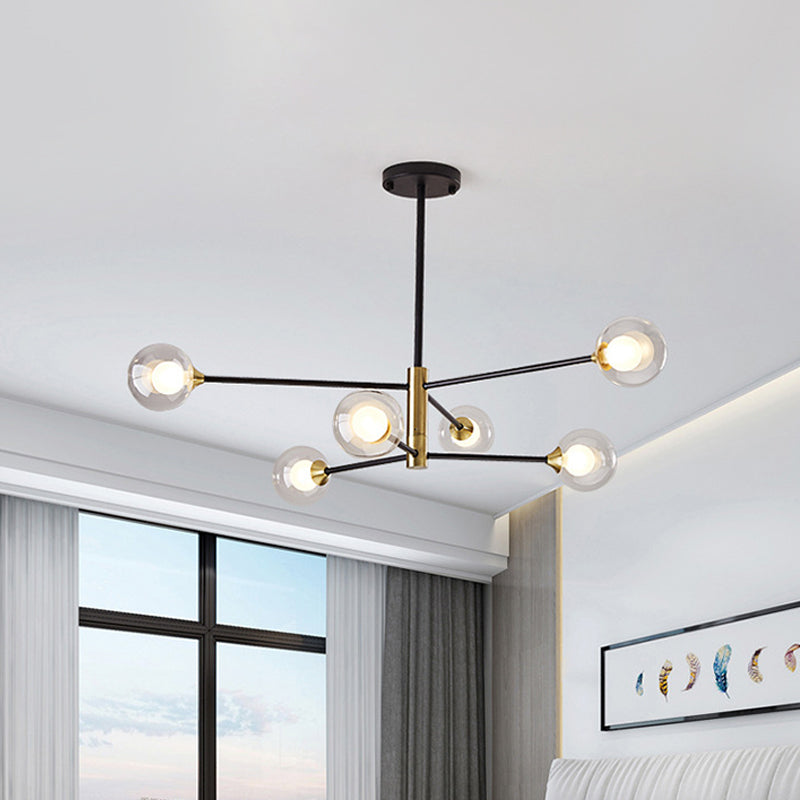 Postmodern 6/8 Lights Chandelier Lighting Black and Gold Branch Pendant Lamp with Ball Dual Clear Glass Shade Clearhalo 'Ceiling Lights' 'Chandeliers' 'Modern Chandeliers' 'Modern' Lighting' 1938386