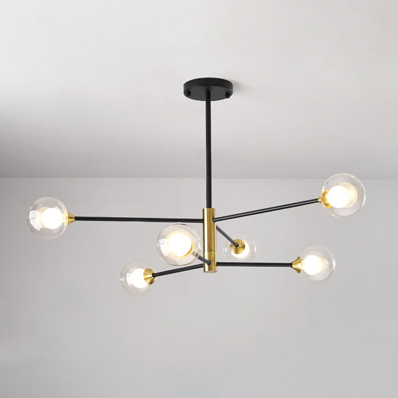 Postmodern 6/8 Lights Chandelier Lighting Black and Gold Branch Pendant Lamp with Ball Dual Clear Glass Shade Clearhalo 'Ceiling Lights' 'Chandeliers' 'Modern Chandeliers' 'Modern' Lighting' 1938388