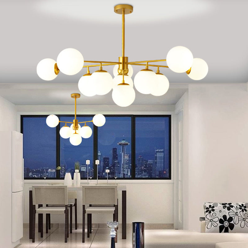 Iron Branch Chandelier Lamp Postmodern 9/11 Lights Black/Gold Hanging Pendant Light with Orb Opal Glass Shade 11 Gold Clearhalo 'Ceiling Lights' 'Chandeliers' 'Modern Chandeliers' 'Modern' Lighting' 1938508