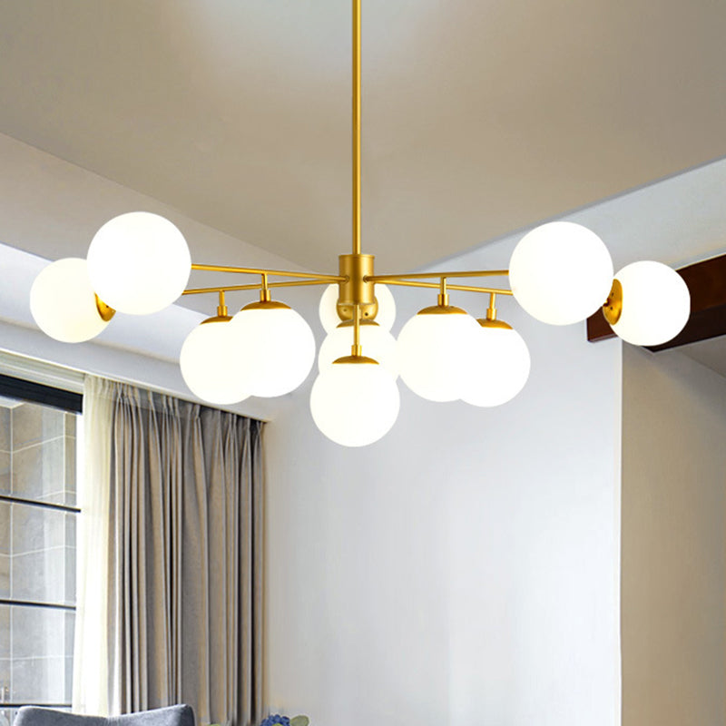 Iron Branch Chandelier Lamp Postmodern 9/11 Lights Black/Gold Hanging Pendant Light with Orb Opal Glass Shade Clearhalo 'Ceiling Lights' 'Chandeliers' 'Modern Chandeliers' 'Modern' Lighting' 1938509
