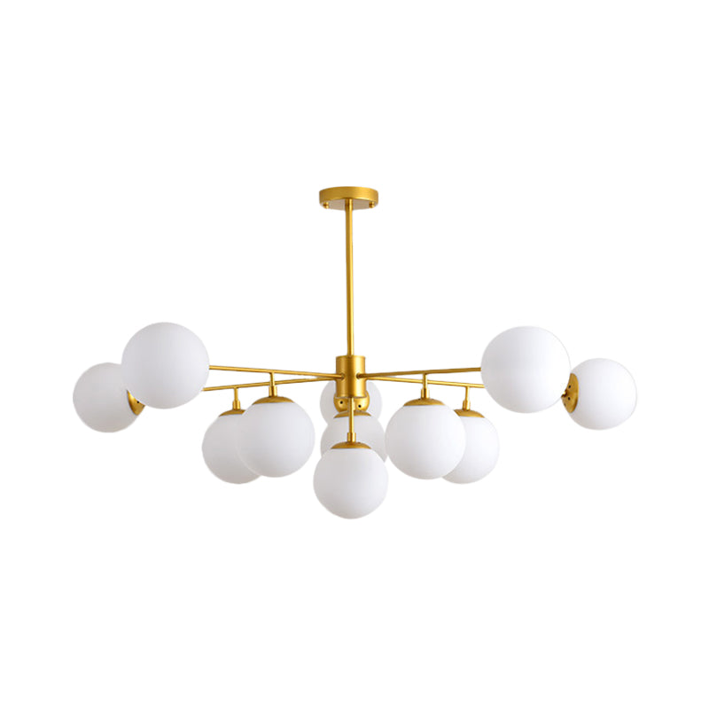 Iron Branch Chandelier Lamp Postmodern 9/11 Lights Black/Gold Hanging Pendant Light with Orb Opal Glass Shade Clearhalo 'Ceiling Lights' 'Chandeliers' 'Modern Chandeliers' 'Modern' Lighting' 1938510