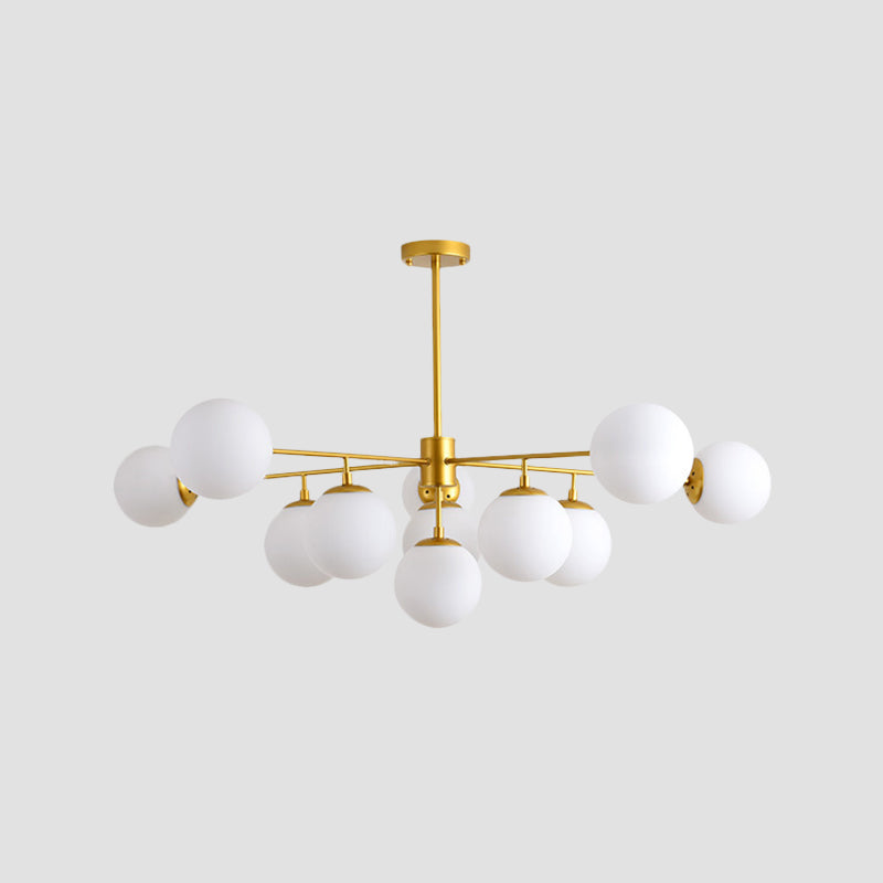 Iron Branch Chandelier Lamp Postmodern 9/11 Lights Black/Gold Hanging Pendant Light with Orb Opal Glass Shade Clearhalo 'Ceiling Lights' 'Chandeliers' 'Modern Chandeliers' 'Modern' Lighting' 1938511