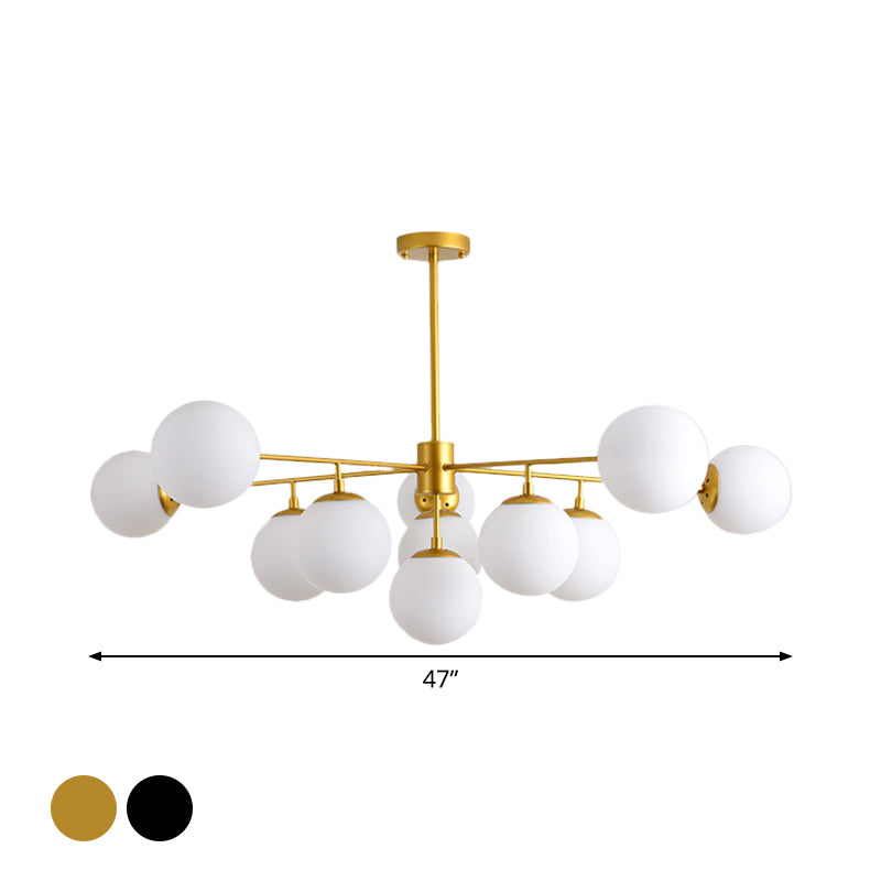 Iron Branch Chandelier Lamp Postmodern 9/11 Lights Black/Gold Hanging Pendant Light with Orb Opal Glass Shade Clearhalo 'Ceiling Lights' 'Chandeliers' 'Modern Chandeliers' 'Modern' Lighting' 1938512