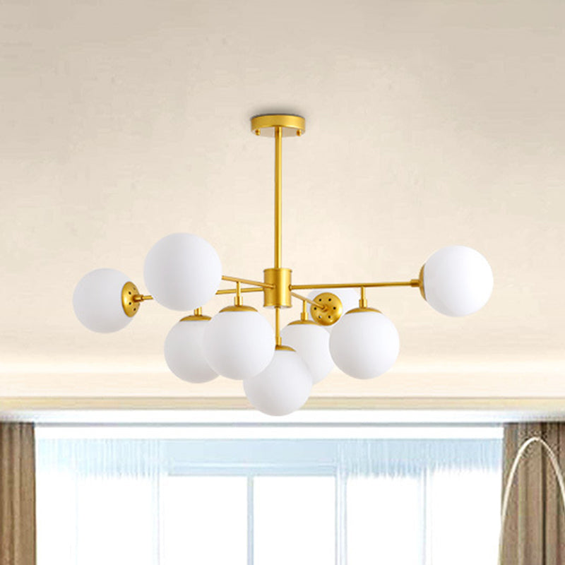 Iron Branch Chandelier Lamp Postmodern 9/11 Lights Black/Gold Hanging Pendant Light with Orb Opal Glass Shade 9 Gold Clearhalo 'Ceiling Lights' 'Chandeliers' 'Modern Chandeliers' 'Modern' Lighting' 1938513