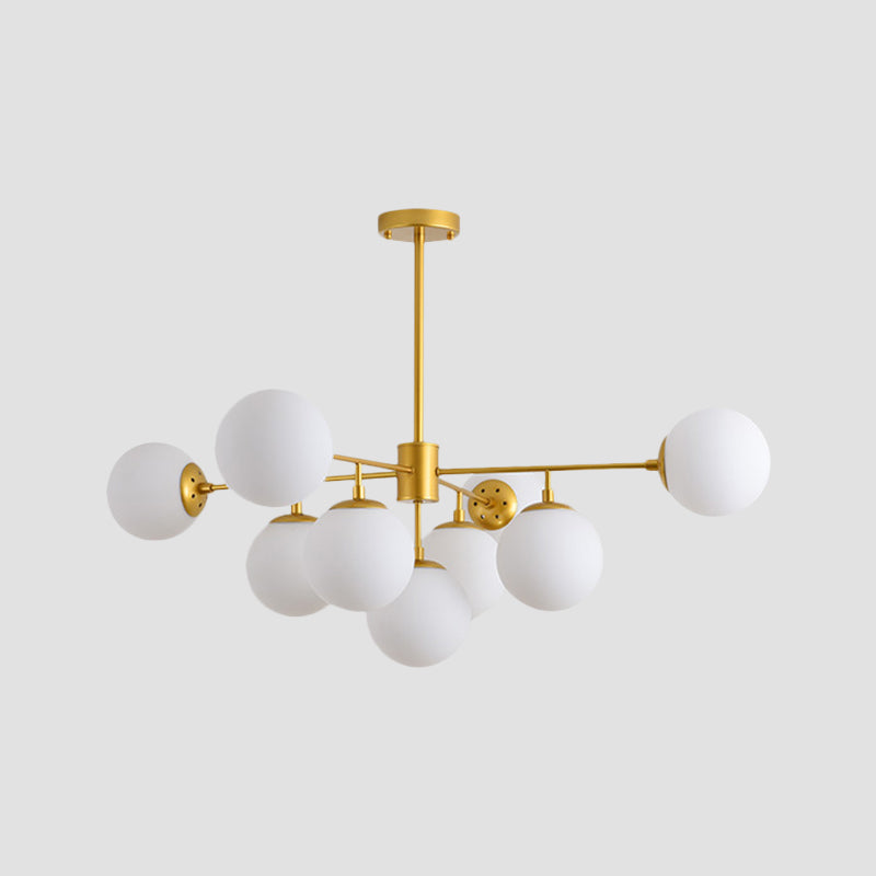 Iron Branch Chandelier Lamp Postmodern 9/11 Lights Black/Gold Hanging Pendant Light with Orb Opal Glass Shade Clearhalo 'Ceiling Lights' 'Chandeliers' 'Modern Chandeliers' 'Modern' Lighting' 1938515