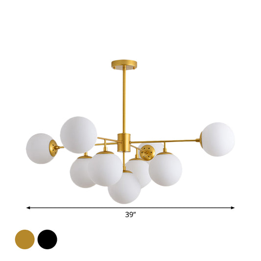 Iron Branch Chandelier Lamp Postmodern 9/11 Lights Black/Gold Hanging Pendant Light with Orb Opal Glass Shade Clearhalo 'Ceiling Lights' 'Chandeliers' 'Modern Chandeliers' 'Modern' Lighting' 1938516