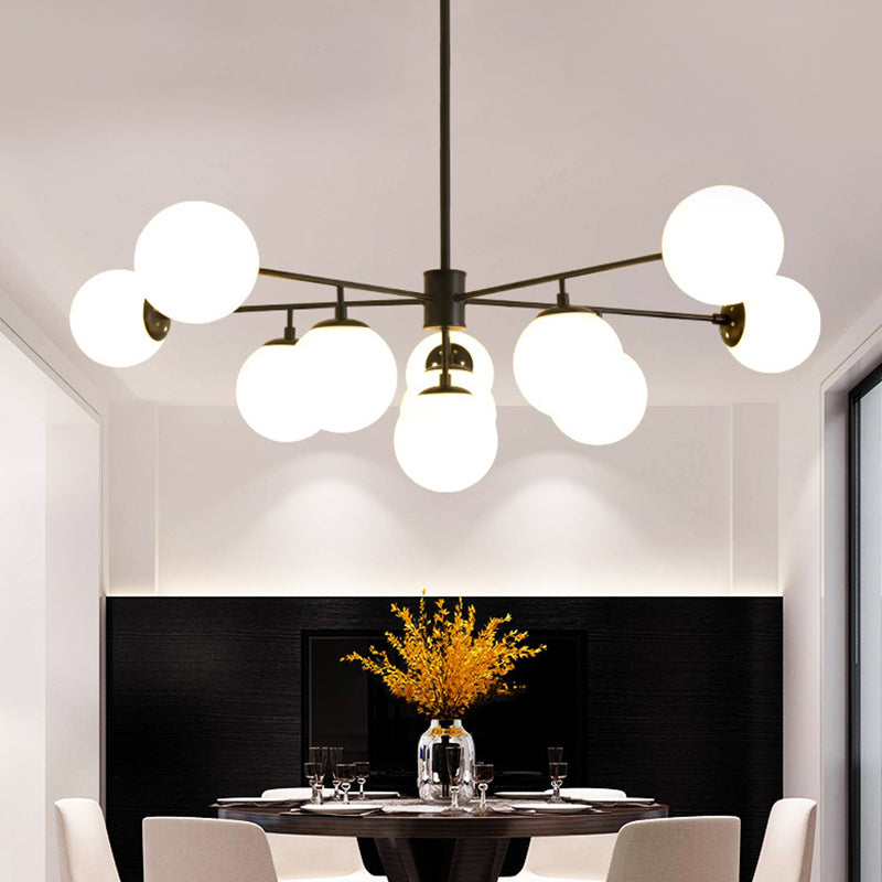 Iron Branch Chandelier Lamp Postmodern 9/11 Lights Black/Gold Hanging Pendant Light with Orb Opal Glass Shade 11 Black Clearhalo 'Ceiling Lights' 'Chandeliers' 'Modern Chandeliers' 'Modern' Lighting' 1938517