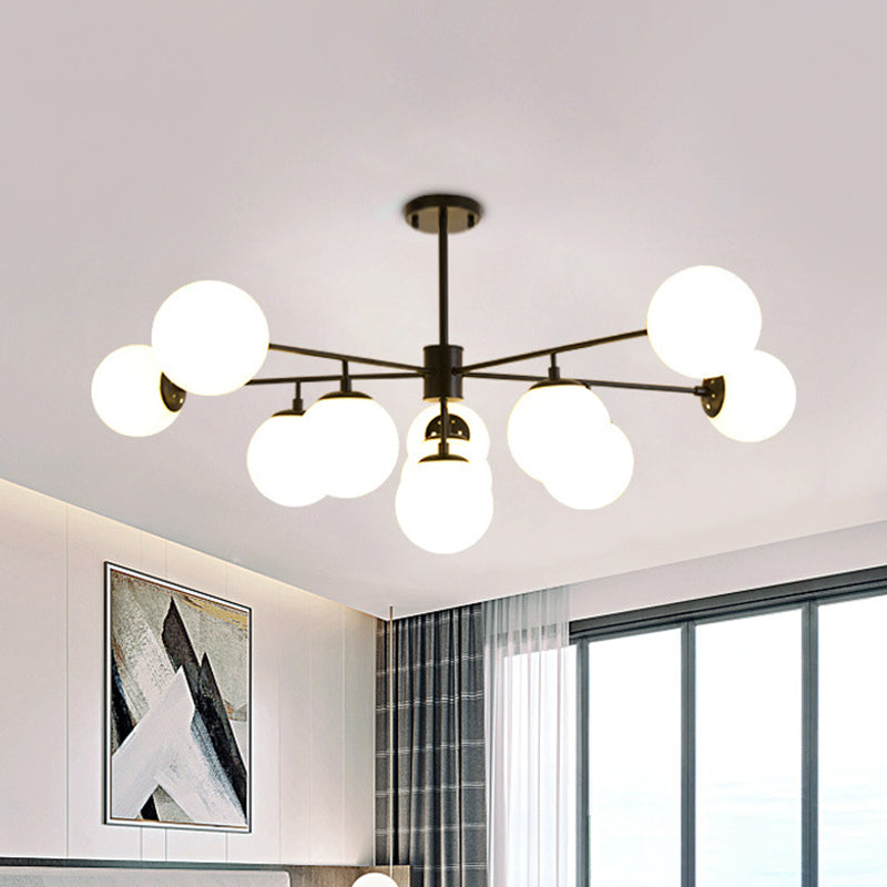 Iron Branch Chandelier Lamp Postmodern 9/11 Lights Black/Gold Hanging Pendant Light with Orb Opal Glass Shade Clearhalo 'Ceiling Lights' 'Chandeliers' 'Modern Chandeliers' 'Modern' Lighting' 1938519