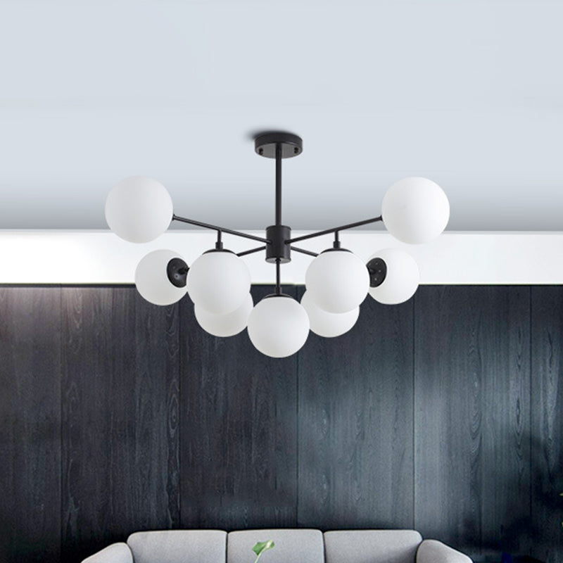 Iron Branch Chandelier Lamp Postmodern 9/11 Lights Black/Gold Hanging Pendant Light with Orb Opal Glass Shade 9 Black Clearhalo 'Ceiling Lights' 'Chandeliers' 'Modern Chandeliers' 'Modern' Lighting' 1938521