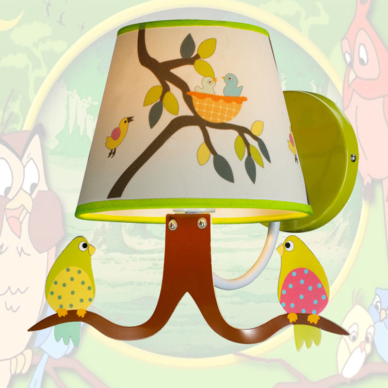 Kids Green Wall Light Branch 1 Light Fabric Wall Lamp with Bird & Tapered Shade for Baby Bedroom Green Clearhalo 'Wall Lamps & Sconces' 'Wall Lights' Lighting' 193875