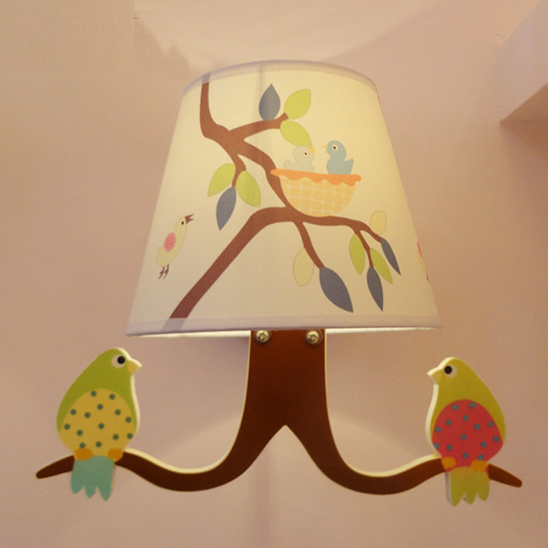 Kids Green Wall Light Branch 1 Light Fabric Wall Lamp with Bird & Tapered Shade for Baby Bedroom Clearhalo 'Wall Lamps & Sconces' 'Wall Lights' Lighting' 193876