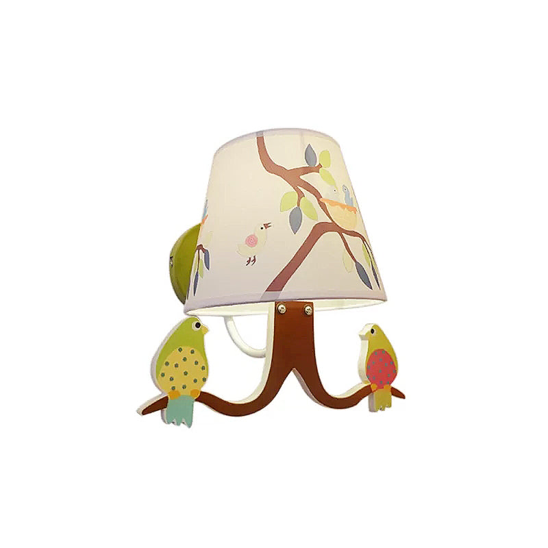 Kids Green Wall Light Branch 1 Light Fabric Wall Lamp with Bird & Tapered Shade for Baby Bedroom Clearhalo 'Wall Lamps & Sconces' 'Wall Lights' Lighting' 193877