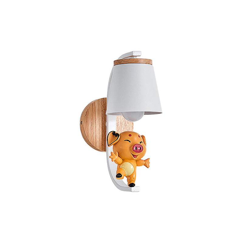 1 Light Bucket Wall Light with Dancing Piggy Modern Lovely Metal Wall Sconce in White for Kindergarten Clearhalo 'Wall Lamps & Sconces' 'Wall Lights' Lighting' 193904