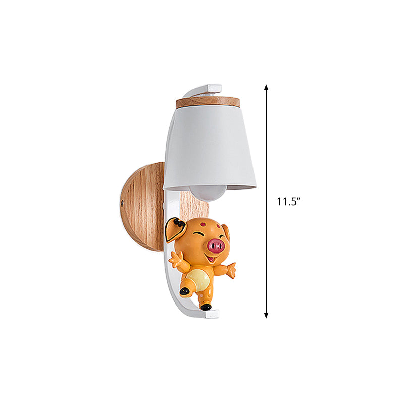 1 Light Bucket Wall Light with Dancing Piggy Modern Lovely Metal Wall Sconce in White for Kindergarten Clearhalo 'Wall Lamps & Sconces' 'Wall Lights' Lighting' 193905