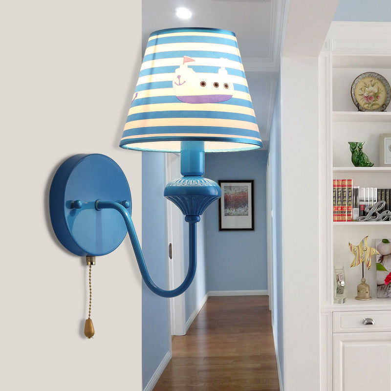 Nautical Blue Wall Sconce Stripe Shade 1 Light Metal Sconce Light with Cartoon Ship for Foyer Blue Clearhalo 'Wall Lamps & Sconces' 'Wall Lights' Lighting' 193980