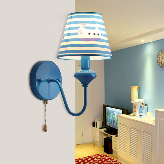 Nautical Blue Wall Sconce Stripe Shade 1 Light Metal Sconce Light with Cartoon Ship for Foyer Clearhalo 'Wall Lamps & Sconces' 'Wall Lights' Lighting' 193981