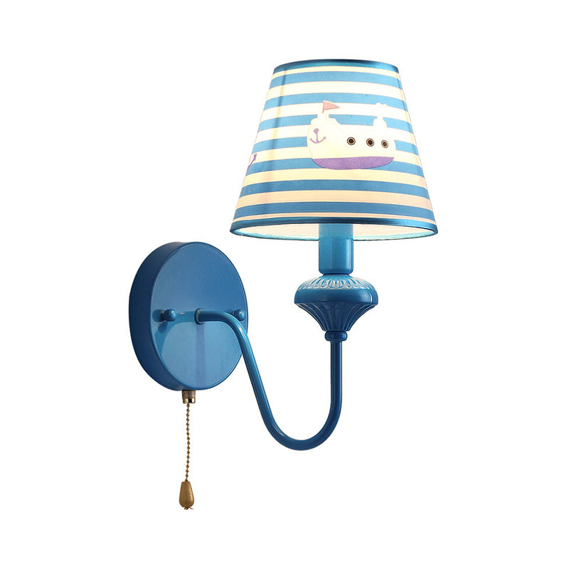 Nautical Blue Wall Sconce Stripe Shade 1 Light Metal Sconce Light with Cartoon Ship for Foyer Clearhalo 'Wall Lamps & Sconces' 'Wall Lights' Lighting' 193982