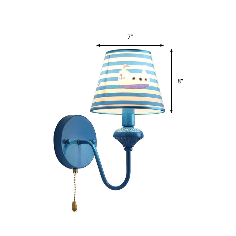 Nautical Blue Wall Sconce Stripe Shade 1 Light Metal Sconce Light with Cartoon Ship for Foyer Clearhalo 'Wall Lamps & Sconces' 'Wall Lights' Lighting' 193983