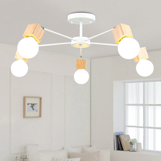 3/5 Heads Open Bulb Semi-Flush Ceiling Light with Square Design Loft Style Wood Metallic Ceiling Mount Chandelier 5 Wood Clearhalo 'Ceiling Lights' 'Close To Ceiling Lights' 'Close to ceiling' 'Semi-flushmount' Lighting' 19402