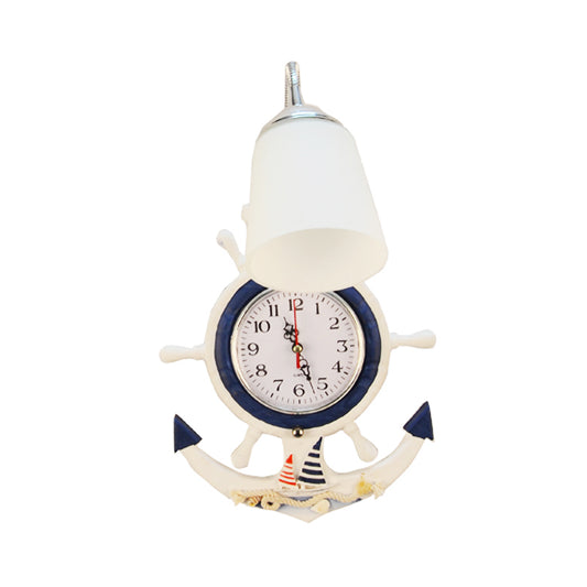 Nautical Stylish Rudder Wall Light with Clock 1 Light Wood & Glass Wall Sconce in White for Baby Room Clearhalo 'Wall Lamps & Sconces' 'Wall Lights' Lighting' 194063