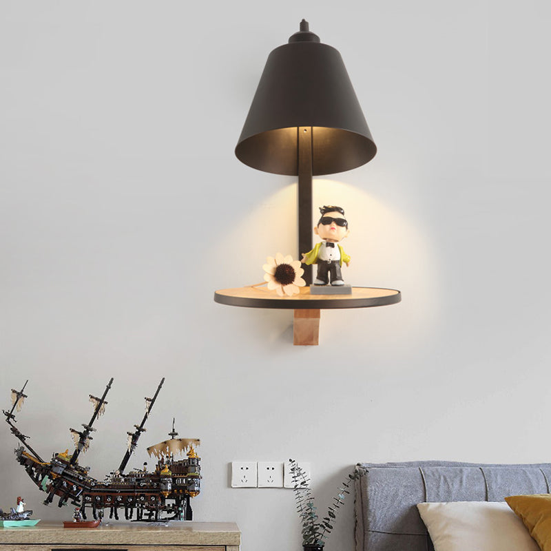 1 Light Cone Wall Sconce Light Modern Metal Shade Bedroom Wall Lamp with Shelf Black Clearhalo 'Wall Lamps & Sconces' 'Wall Lights' Lighting' 194278