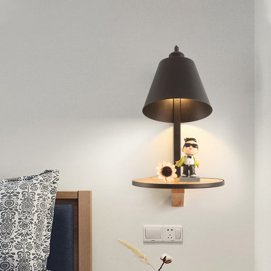 1 Light Cone Wall Sconce Light Modern Metal Shade Bedroom Wall Lamp with Shelf Clearhalo 'Wall Lamps & Sconces' 'Wall Lights' Lighting' 194279