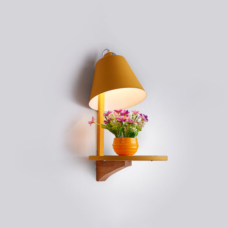 1 Light Cone Wall Sconce Light Modern Metal Shade Bedroom Wall Lamp with Shelf Yellow Clearhalo 'Wall Lamps & Sconces' 'Wall Lights' Lighting' 194281