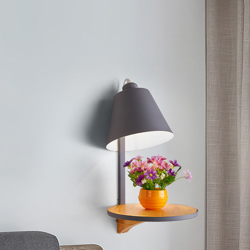 1 Light Cone Wall Sconce Light Modern Metal Shade Bedroom Wall Lamp with Shelf Grey Clearhalo 'Wall Lamps & Sconces' 'Wall Lights' Lighting' 194283