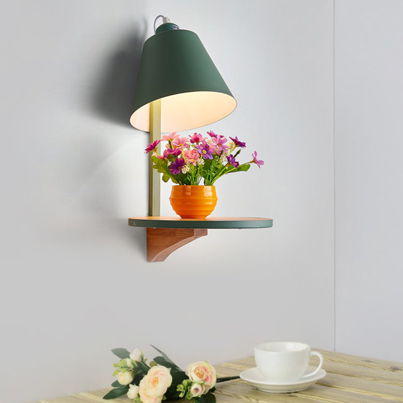 1 Light Cone Wall Sconce Light Modern Metal Shade Bedroom Wall Lamp with Shelf Green Clearhalo 'Wall Lamps & Sconces' 'Wall Lights' Lighting' 194286