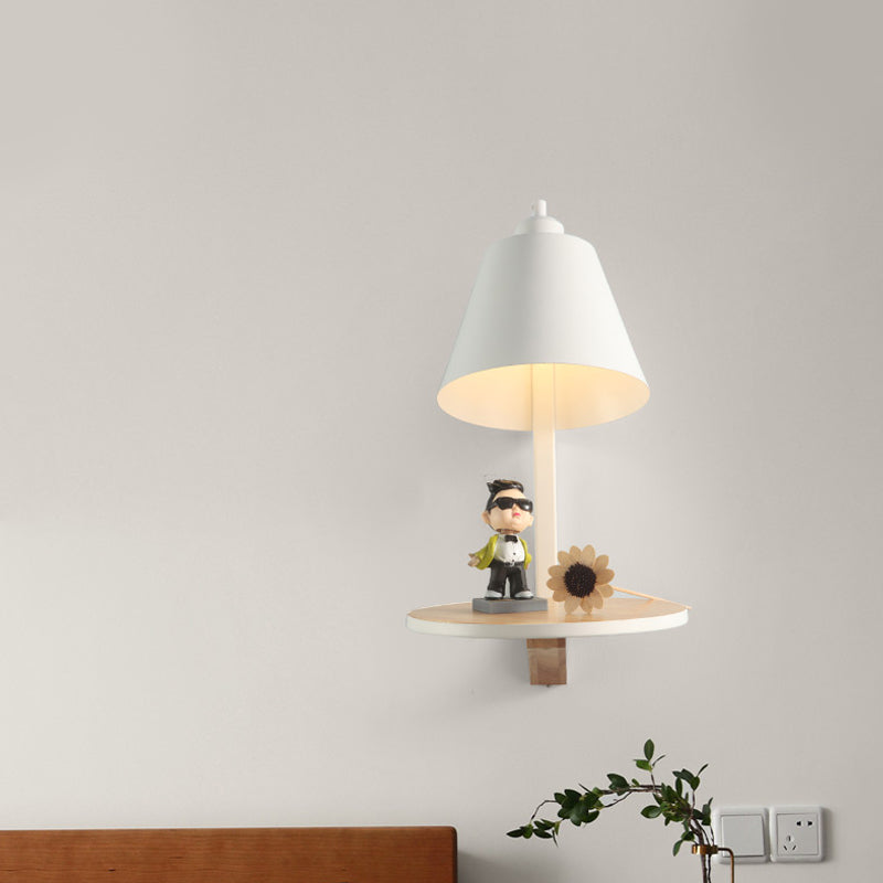 1 Light Cone Wall Sconce Light Modern Metal Shade Bedroom Wall Lamp with Shelf White Clearhalo 'Wall Lamps & Sconces' 'Wall Lights' Lighting' 194292