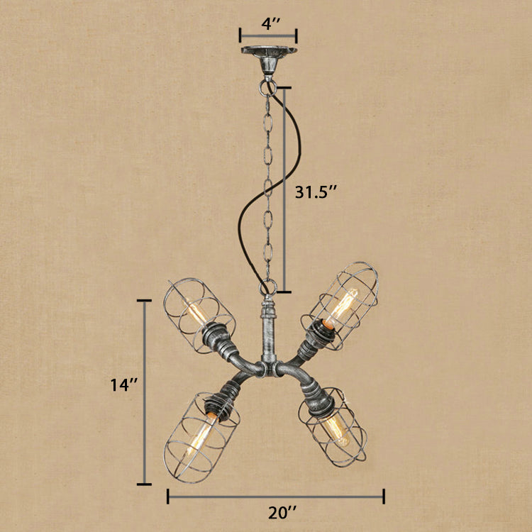 4-Light Caged Hanging Light Coastal Style Bronze/Antique Silver Wrought Iron Chandelier Pendant Light with Pipe Clearhalo 'Cast Iron' 'Ceiling Lights' 'Chandeliers' 'Industrial Chandeliers' 'Industrial' 'Metal' 'Middle Century Chandeliers' 'Rustic Chandeliers' 'Tiffany' Lighting' 19431