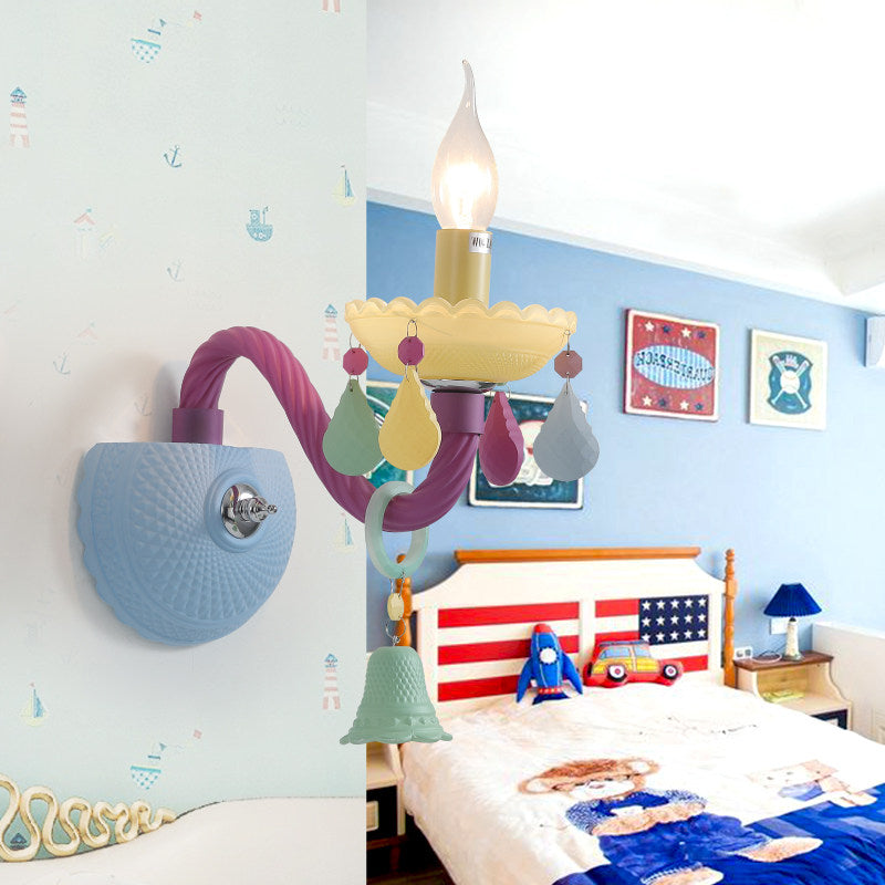 Kids Candle Sconce Light with Bell & Teardrop Deco Glass Wall Light in Multi-Color for Nursing Room 1.0 Blue Clearhalo 'Wall Lamps & Sconces' 'Wall Lights' Lighting' 194340