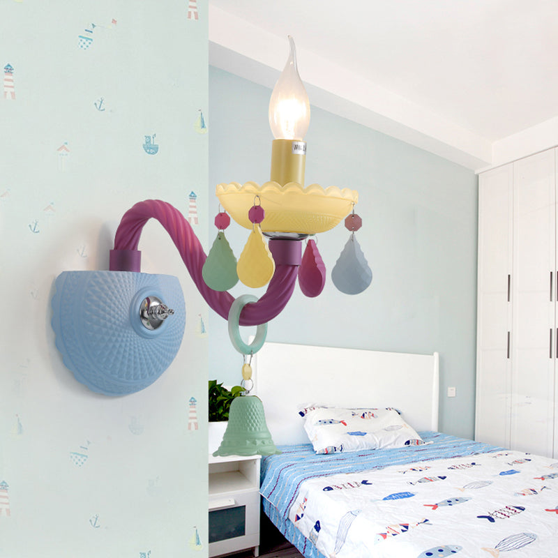 Kids Candle Sconce Light with Bell & Teardrop Deco Glass Wall Light in Multi-Color for Nursing Room Clearhalo 'Wall Lamps & Sconces' 'Wall Lights' Lighting' 194341