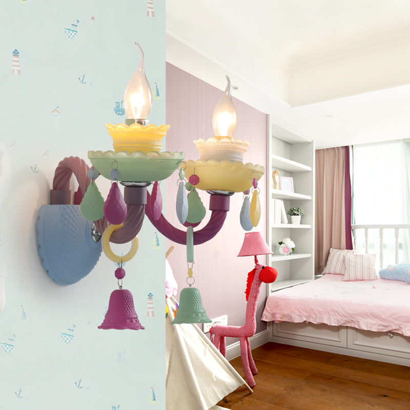 Kids Candle Sconce Light with Bell & Teardrop Deco Glass Wall Light in Multi-Color for Nursing Room 2.0 Blue Clearhalo 'Wall Lamps & Sconces' 'Wall Lights' Lighting' 194346