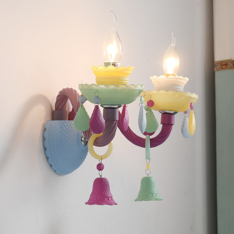 Kids Candle Sconce Light with Bell & Teardrop Deco Glass Wall Light in Multi-Color for Nursing Room Clearhalo 'Wall Lamps & Sconces' 'Wall Lights' Lighting' 194347