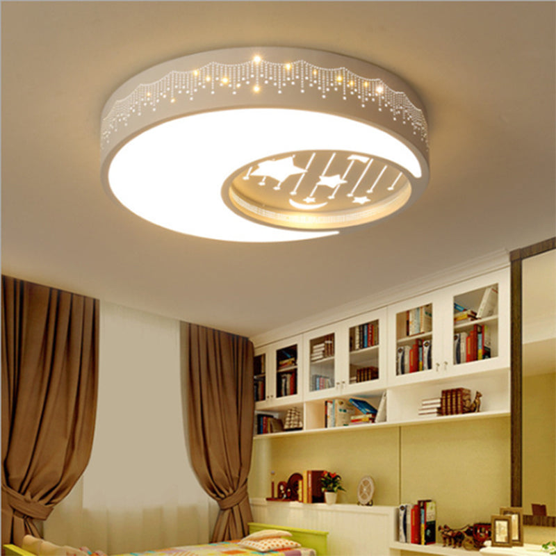 Moon Boys Bedroom Flush Ceiling Light with Star Metal Romantic LED Ceiling Fixture in White White Clearhalo 'Ceiling Lights' 'Close To Ceiling Lights' 'Close to ceiling' 'Flush mount' Lighting' 194416