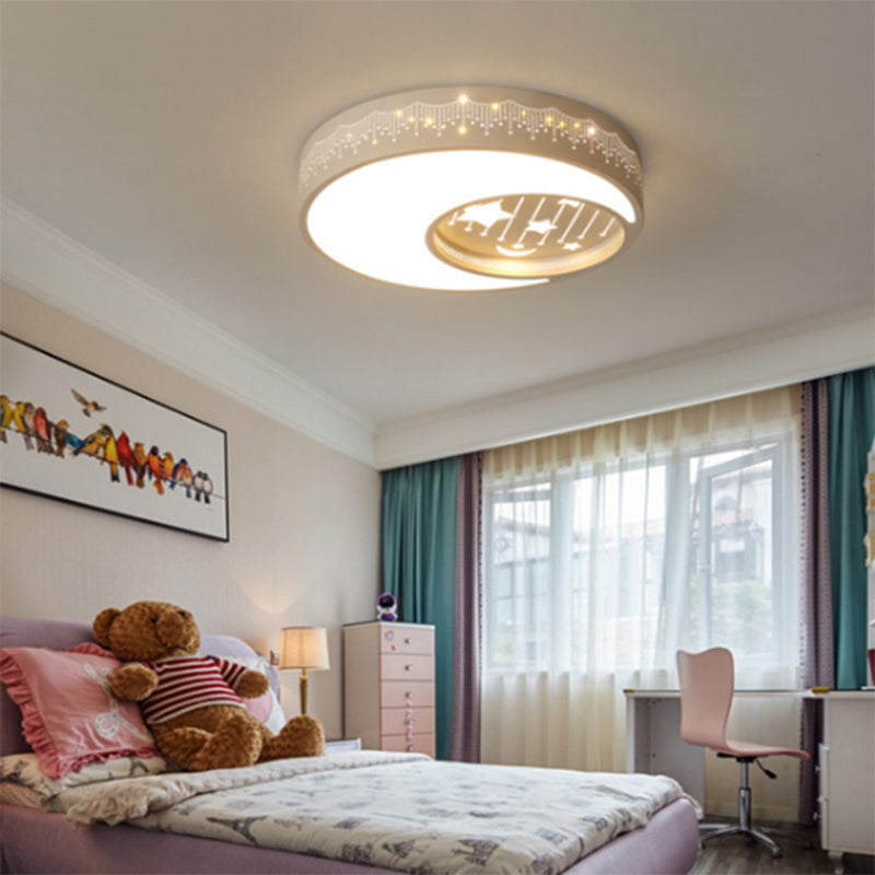 Moon Boys Bedroom Flush Ceiling Light with Star Metal Romantic LED Ceiling Fixture in White Clearhalo 'Ceiling Lights' 'Close To Ceiling Lights' 'Close to ceiling' 'Flush mount' Lighting' 194418