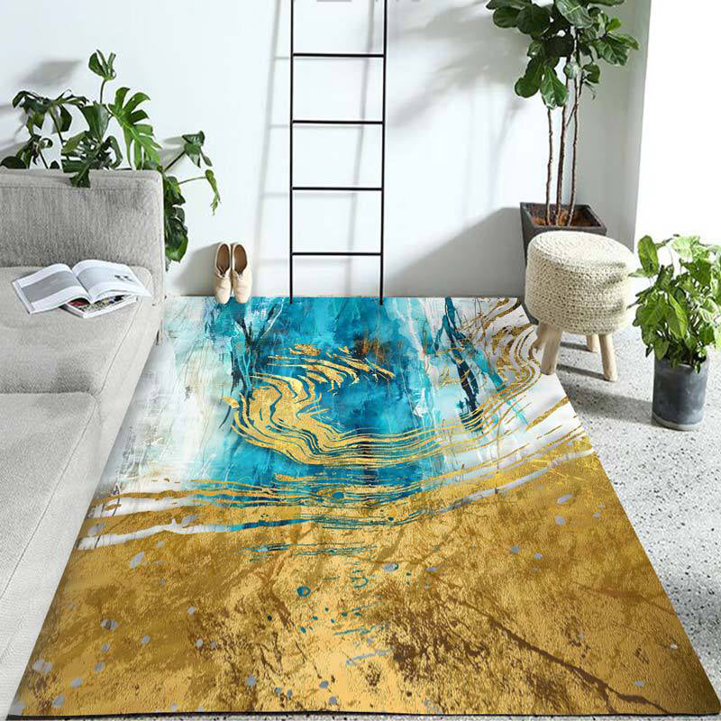 Stylish Watercolor Pattern Rug Blue and Golden Casual Rug Polyester Washable Non-Slip Backing Area Rug for Bedroom Gold Clearhalo 'Area Rug' 'Modern' 'Rugs' Rug' 1946850