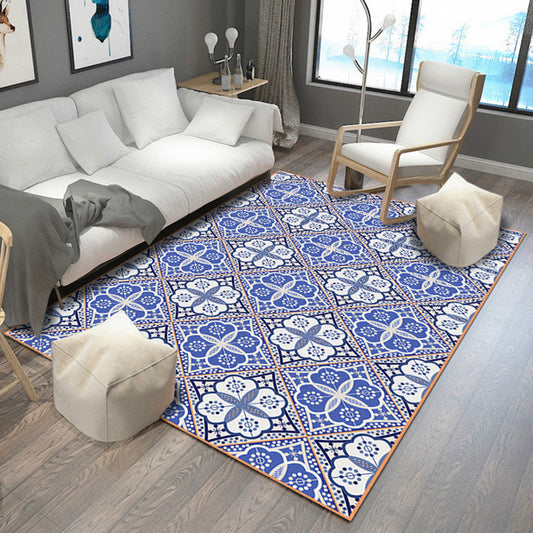 Moroccan Floral Square Print Rug in Blue and White Polyester Carpet Machine Washable Area Rug for Living Room Light Purple Clearhalo 'Area Rug' 'Moroccan' 'Rugs' Rug' 1947090