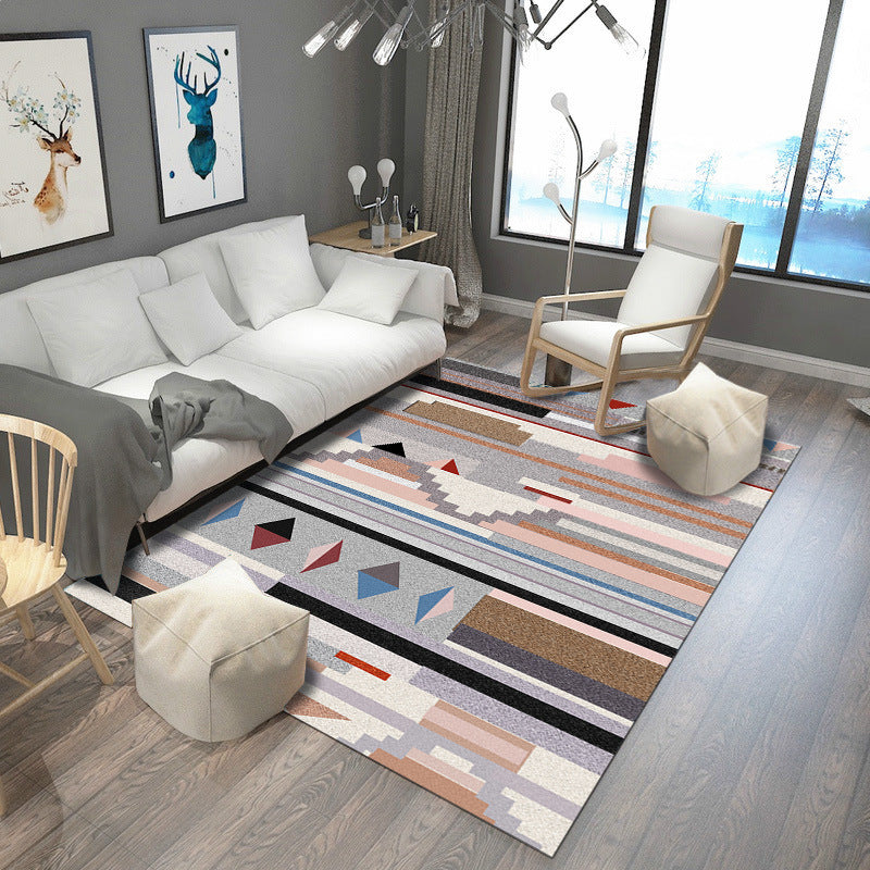 Modern Striped Geometric Pattern Rug Multicolor Polyester Rug Machine Washable Anti-Slip Area Rug for Bedroom Grey Clearhalo 'Area Rug' 'Modern' 'Rugs' Rug' 1947153