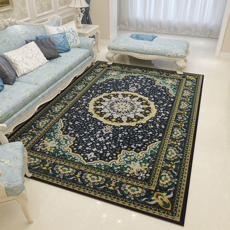 Mediterranean Moroccan Rug in Black and White Medallion Floral Pattern Rug Polyester Washable Carpet for Home Decoration Black Clearhalo 'Area Rug' 'Moroccan' 'Rugs' Rug' 1947496